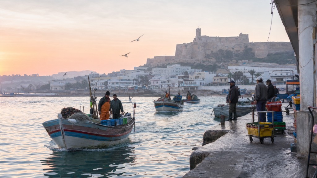 Pescatori all’alba sulla banchina di Kelibia, con il forte sullo sfondo
