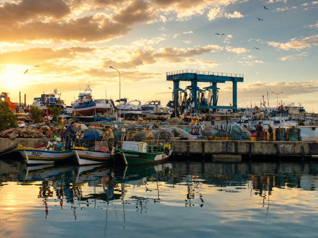 Il bacino di Kelibia al tramonto, con il travelift
